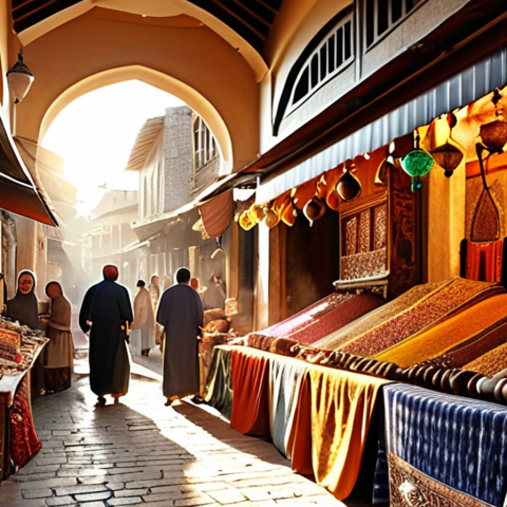 ** A bustling Turkish bazaar scene, overflowing with colorful textiles, spices, and pottery. Merchants in traditional clothing haggle with customers. Golden sunlight streams through the canvas awnings.

**