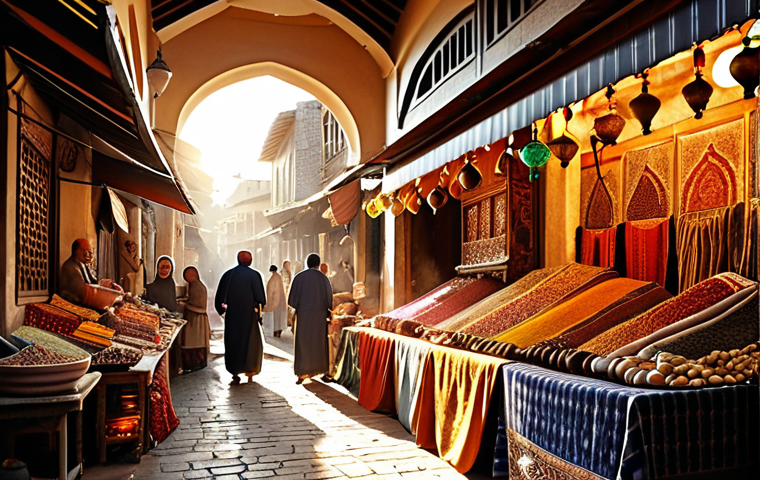 ** A bustling Turkish bazaar scene, overflowing with colorful textiles, spices, and pottery. Merchants in traditional clothing haggle with customers. Golden sunlight streams through the canvas awnings.

**