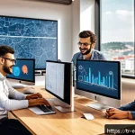 전이 학습의 상용화 가능성 - A modern Turkish startup office environment showing a diverse team of young professionals collaborat...