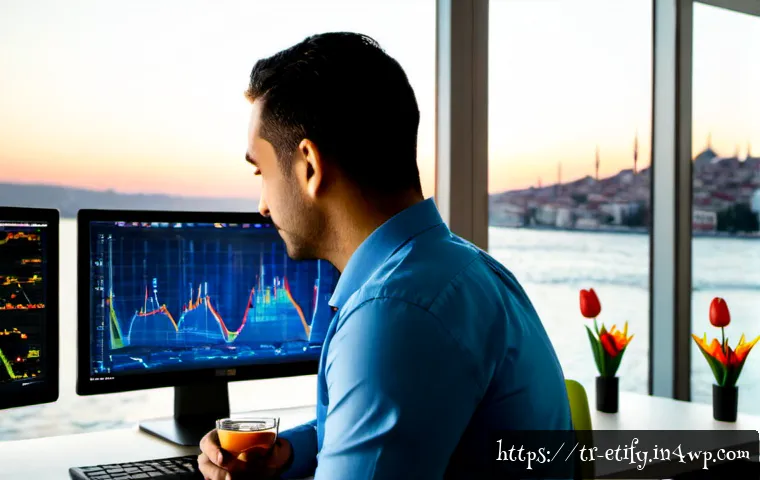 Home 17 전이 학습을 통한 성과 최적화 - Photorealistic Turkish data scientist in a modern Istanbul office, studying two side-by-side monitor...